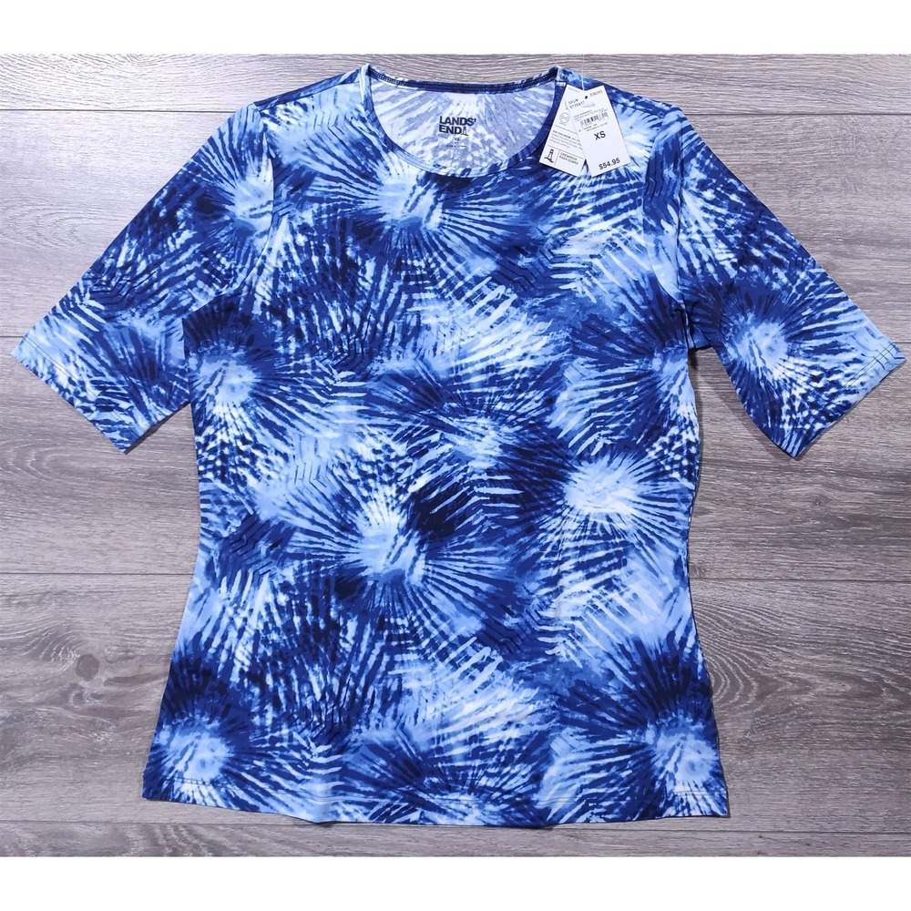 Lands End Rash Guard Women XS 2-4 Tie Dye Blue Crew Neck Swim Shirt 5735837